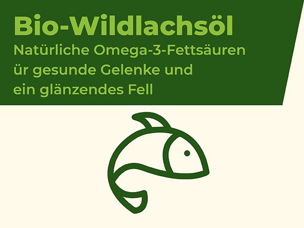 Fisch-Symbol. Text: Bio-Wildlachsöl. Natürliche Omega-3-Fettsäuren für gesunde Gelenke und glänzendes Fell.