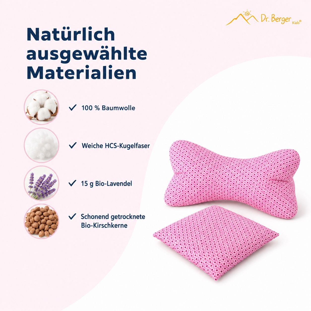 Materialien: Baumwolle, Faser, Lavendel, Kirschkerne für Kissen.