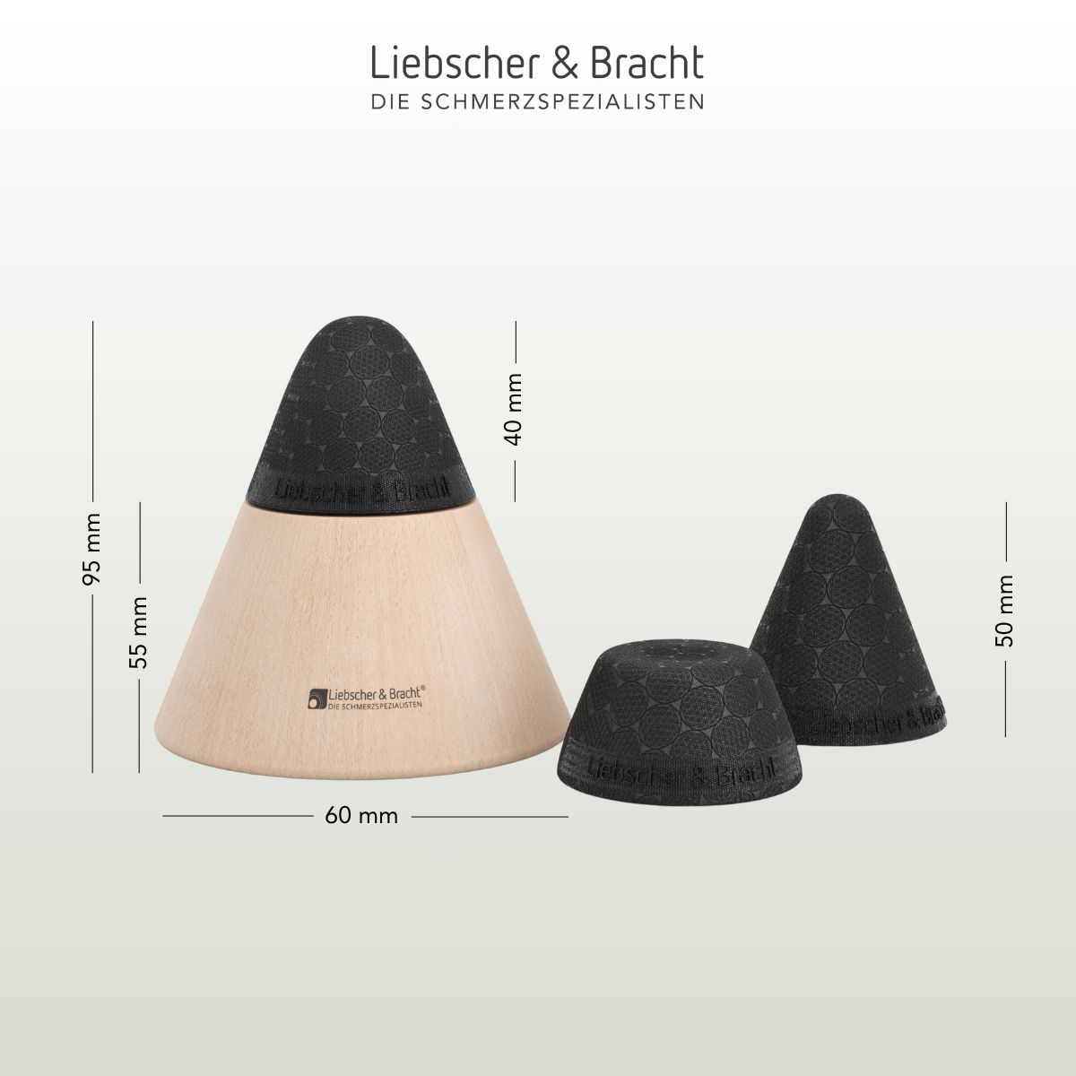 Drei Liebscher & Bracht Drücker mit Maßen: 95x60mm, 50x50mm, 40mm Höhe.