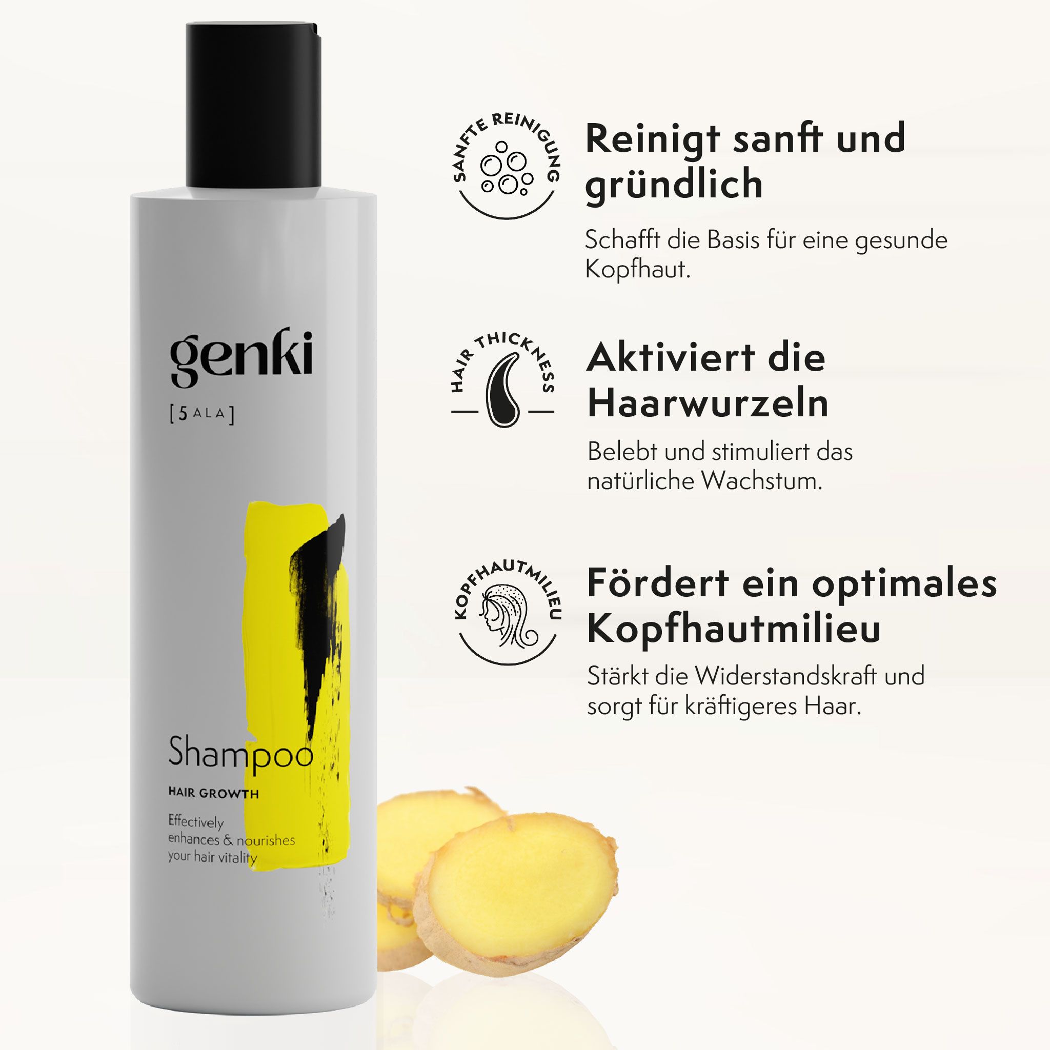 Genki Shampoo-Flasche. Weiß mit schwarzem Deckel und gelbem Akzent. Text: Shampoo, Hair Growth. Zusätzliche Infografiken.