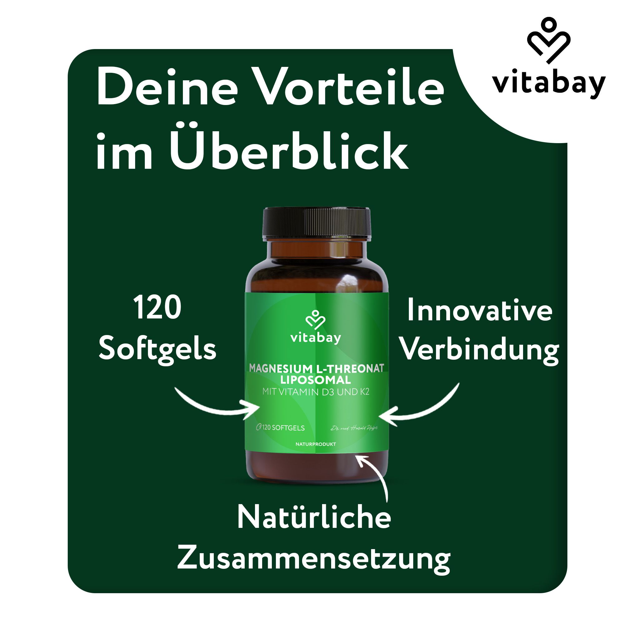 Eine braune Flasche mit grünem Etikett. Aufschrift: Magnesium L-Threonat Liposomal, Vitamin D3 und K2. 120 Softgels. Vorteile im Überblick.