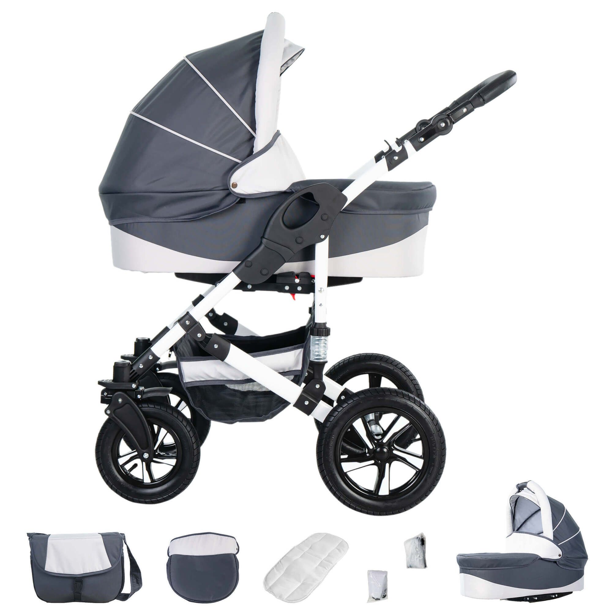 Friedrich Hugo Hamburg 4 in 1 Kinderwagen Set inkl. Maxi Cosi & FamilyFix Station, Luft Grey & White