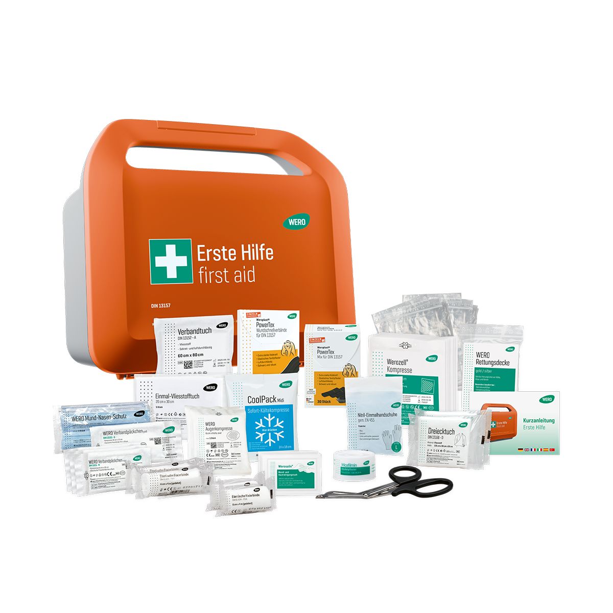 Erste-Hilfe-Koffer, orange, mit Inhalt: Verbandsmaterial, Schere, Kühlpackungen. Text: Erste Hilfe/first aid, DIN 13157, WERO Logo.
