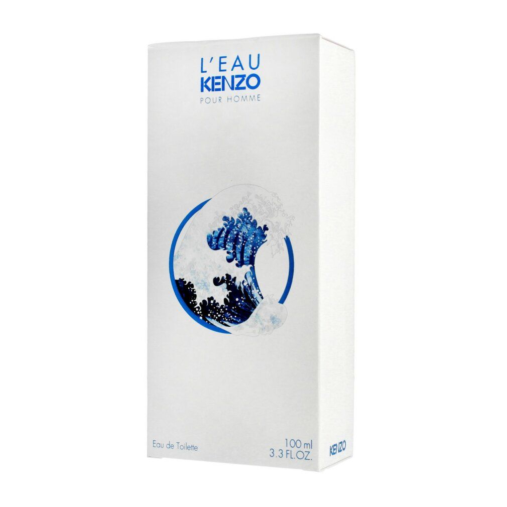 Kenzo L'Eau Kenzo Homme Eau de Toilette. Weiße Verpackung mit Wellenmotiv. Text: L'Eau Kenzo Pour Homme.