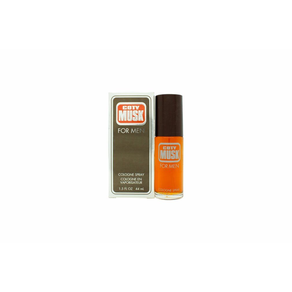 Coty Musk for Men Eau de Cologne Spray. Flakon und Verpackung. Rechteckige Verpackung, braun-orange. Flakon zylindrisch, brauner Deckel.