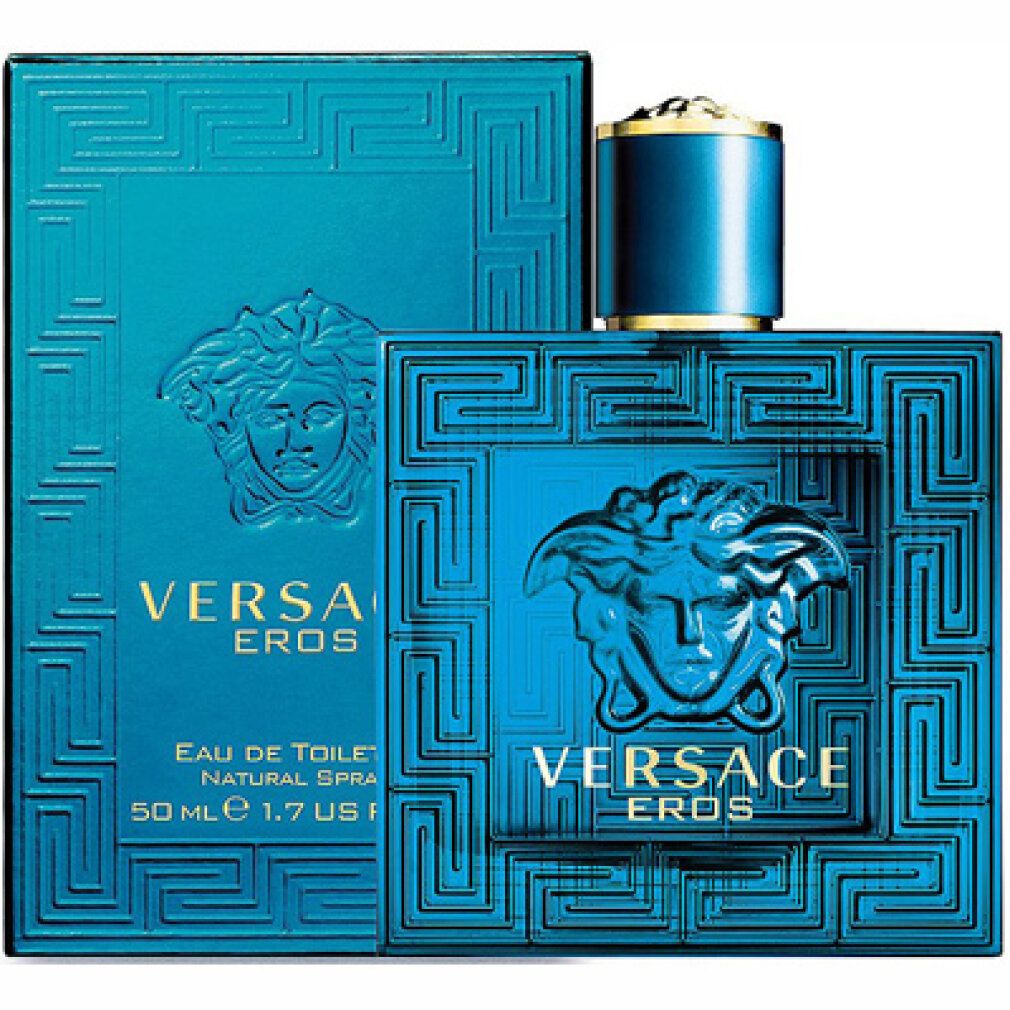 Türkisfarbener Flakon und Schachtel. Aufschrift Versace Eros. Flakon mit Reliefmuster.