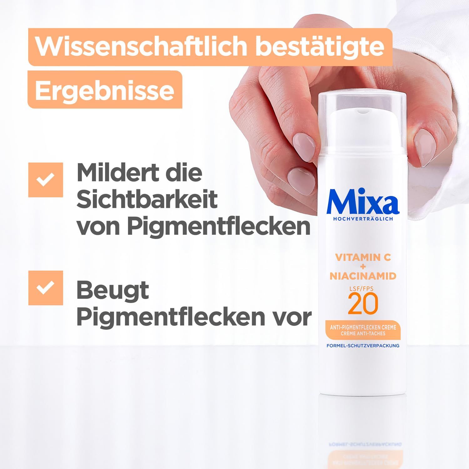 Mixa Creme. Mildert Pigmentflecken. Beugt Pigmentflecken vor. Wissenschaftlich bestätigte Ergebnisse.