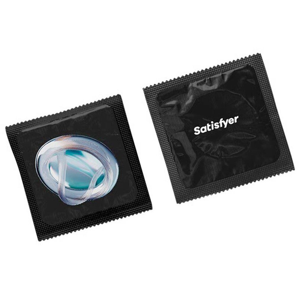 Zwei einzeln verpackte Satisfyer Premium Kondome.