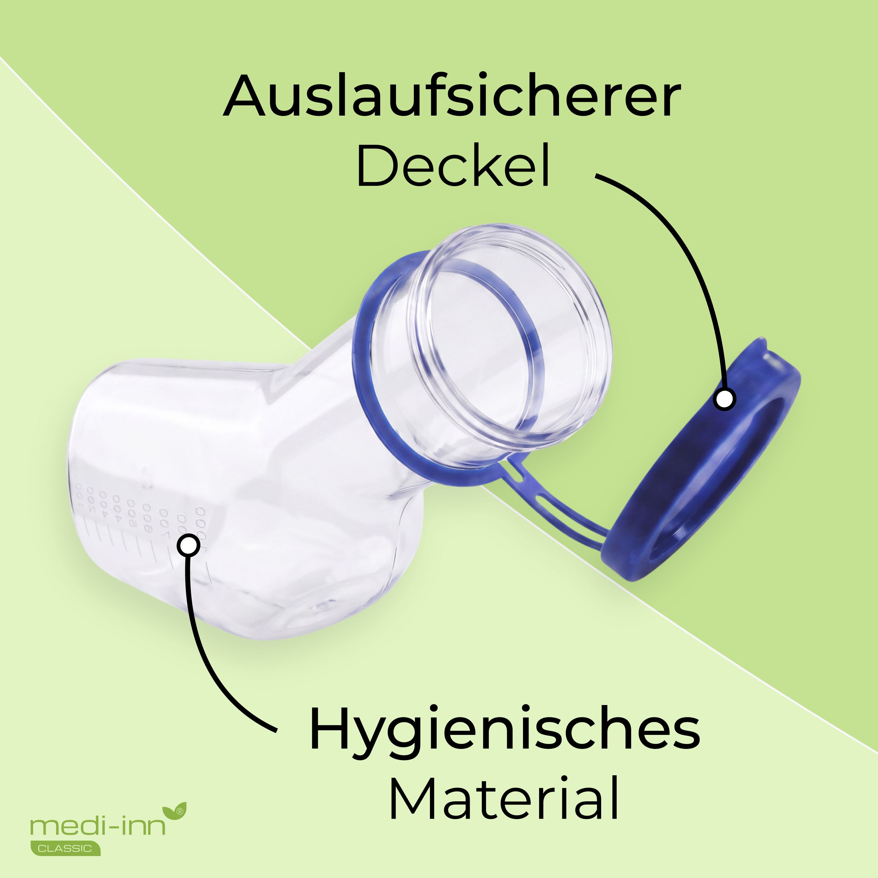 Urinflasche mit auslaufsicherem Deckel und hygienischem Material.