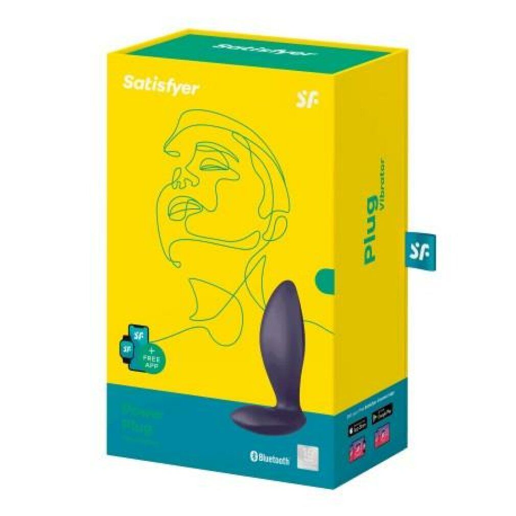 Violett Vibrator in gelber Verpackung. Aufdruck: Satisfyer, Plug Vibrator, App-Steuerung. Bluetooth-Logo.