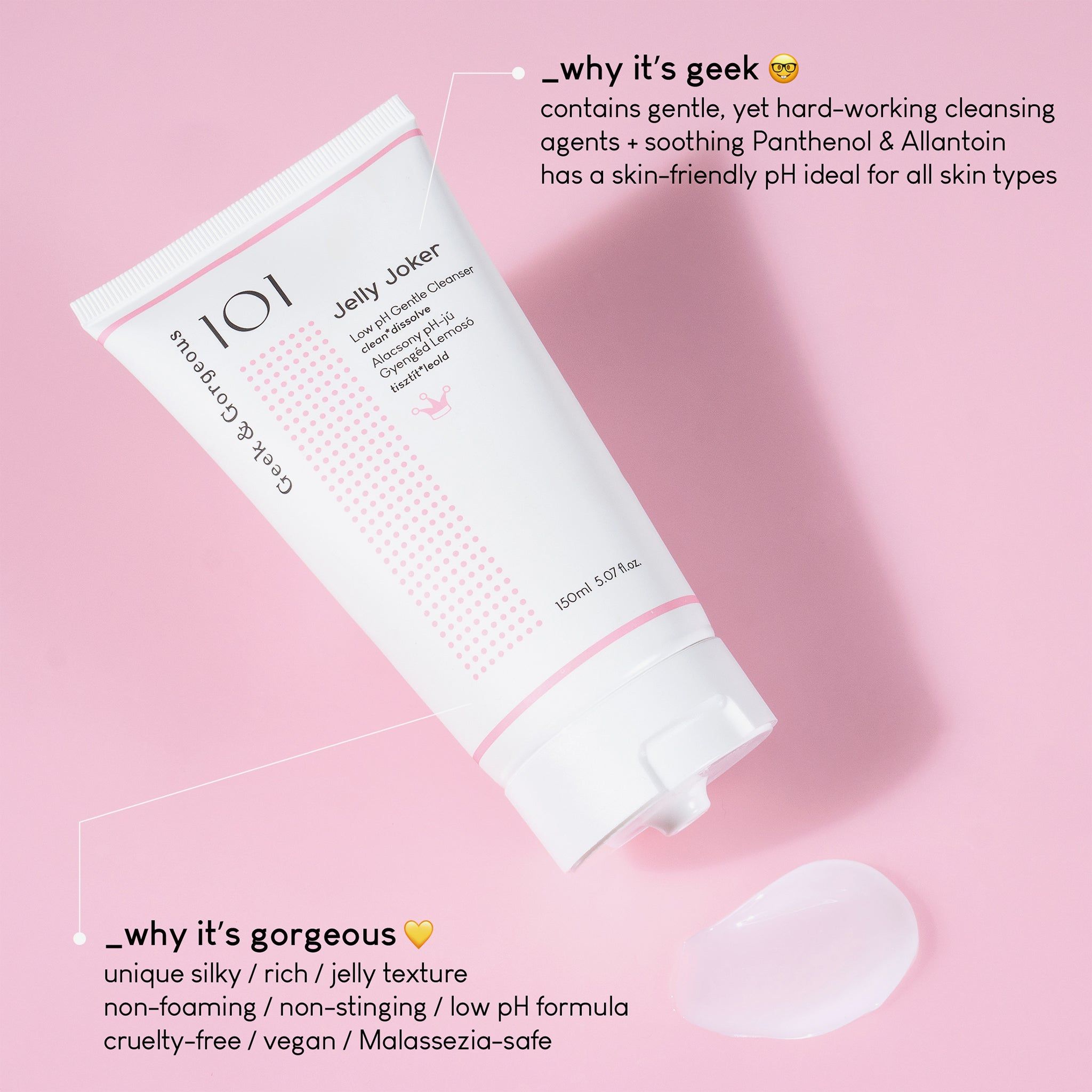 Tubo "Jelly Joker" su sfondo rosa. Nome del prodotto e marchio visibili. Testo: "Low pH Gentle Cleanser".