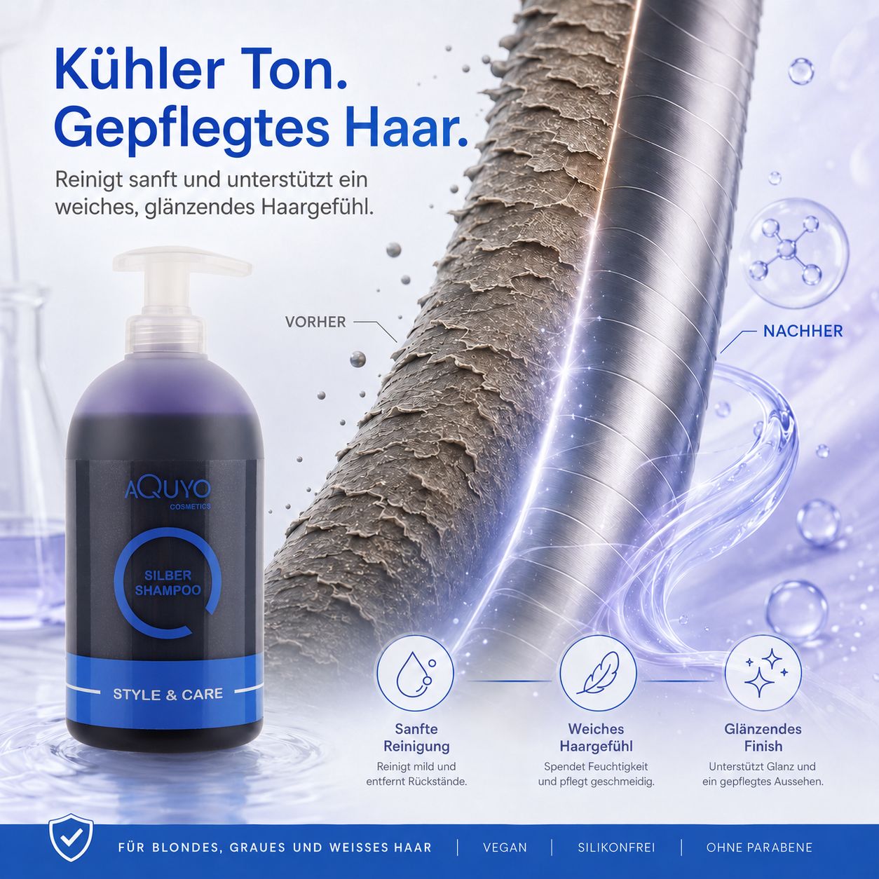 Shampoo-Flasche. Text: Kühler Ton. Gepflegtes Haar. Illustration von Haarsträhnen. Produktname: Style & Care Silber Shampoo.