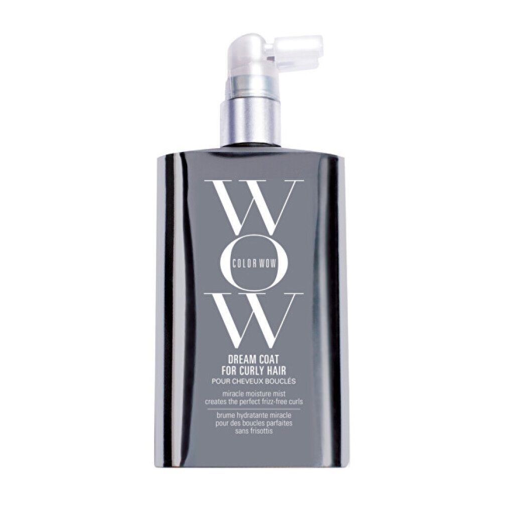 Graue Flasche mit Sprühkopf. Aufschrift: Color Wow, Dream Coat for Curly Hair. Text: Miracle moisture mist creates the perfect frizz-free curls.