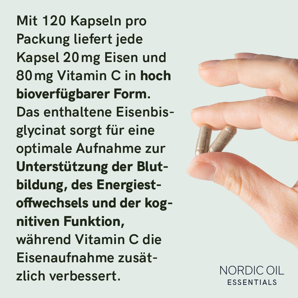 Zwei Kapseln in einer Hand. Text: 20mg Eisen und 80mg Vitamin C in hoch bioverfügbarer Form. Nordic Oil Essentials.