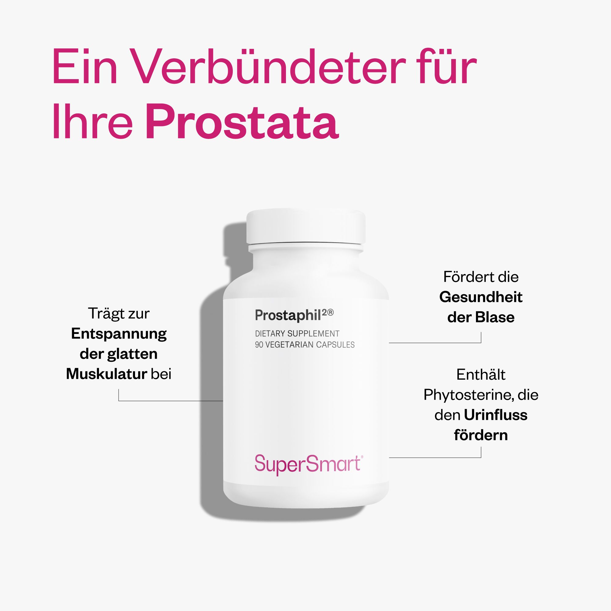 Weiße Flasche Prostaphil2® mit 90 vegetarischen Kapseln. SuperSmart-Logo. Text: Fördert die Gesundheit der Blase.