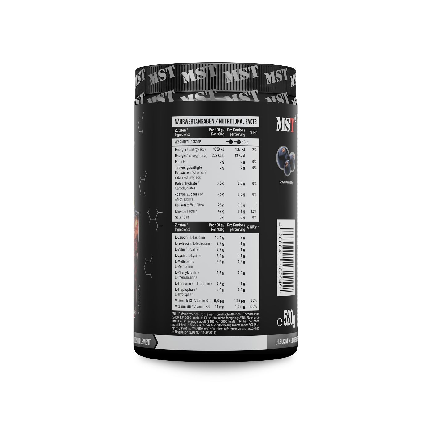 Schwarzer Behälter mit Nährwertangaben und Aminosäureprofil. Beinhaltet 520g.