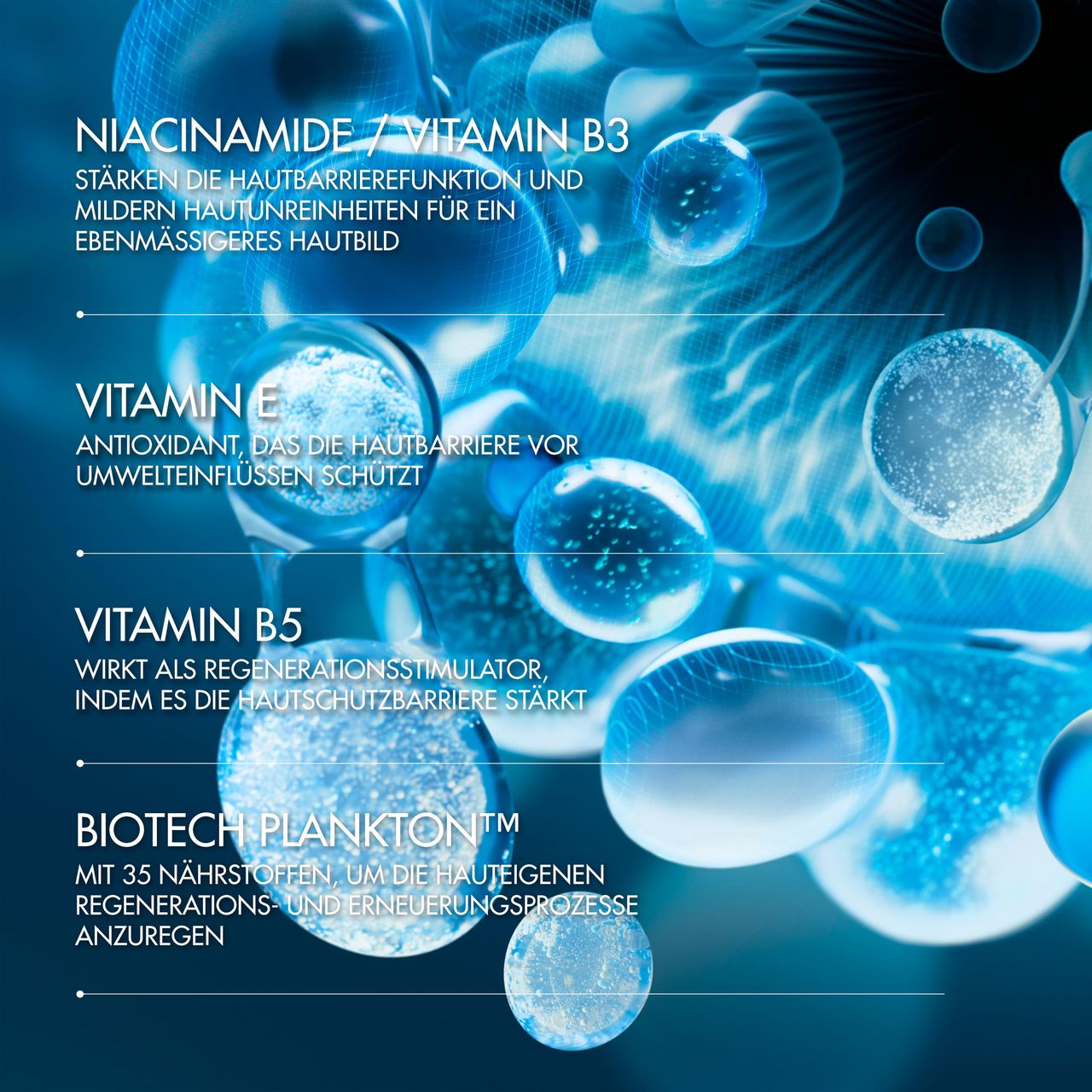 Grafik mit Inhaltsstoffen: Niacinamid, Vitamin E, Vitamin B5, Biotech Plankton.