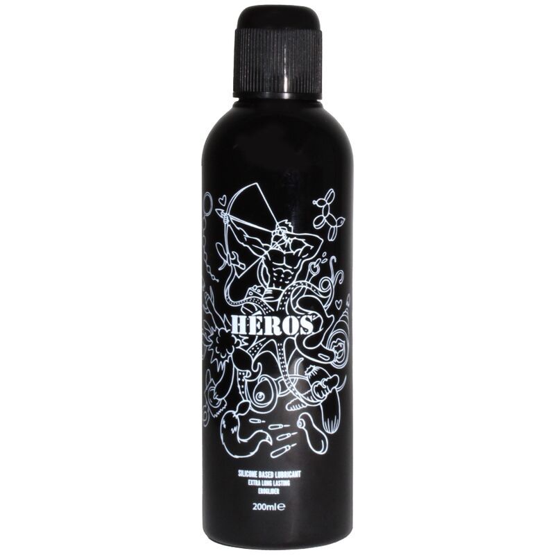 Schwarze Flasche mit weißem Aufdruck, "HEROS" Silikon-Gleitmittel, 200ml.