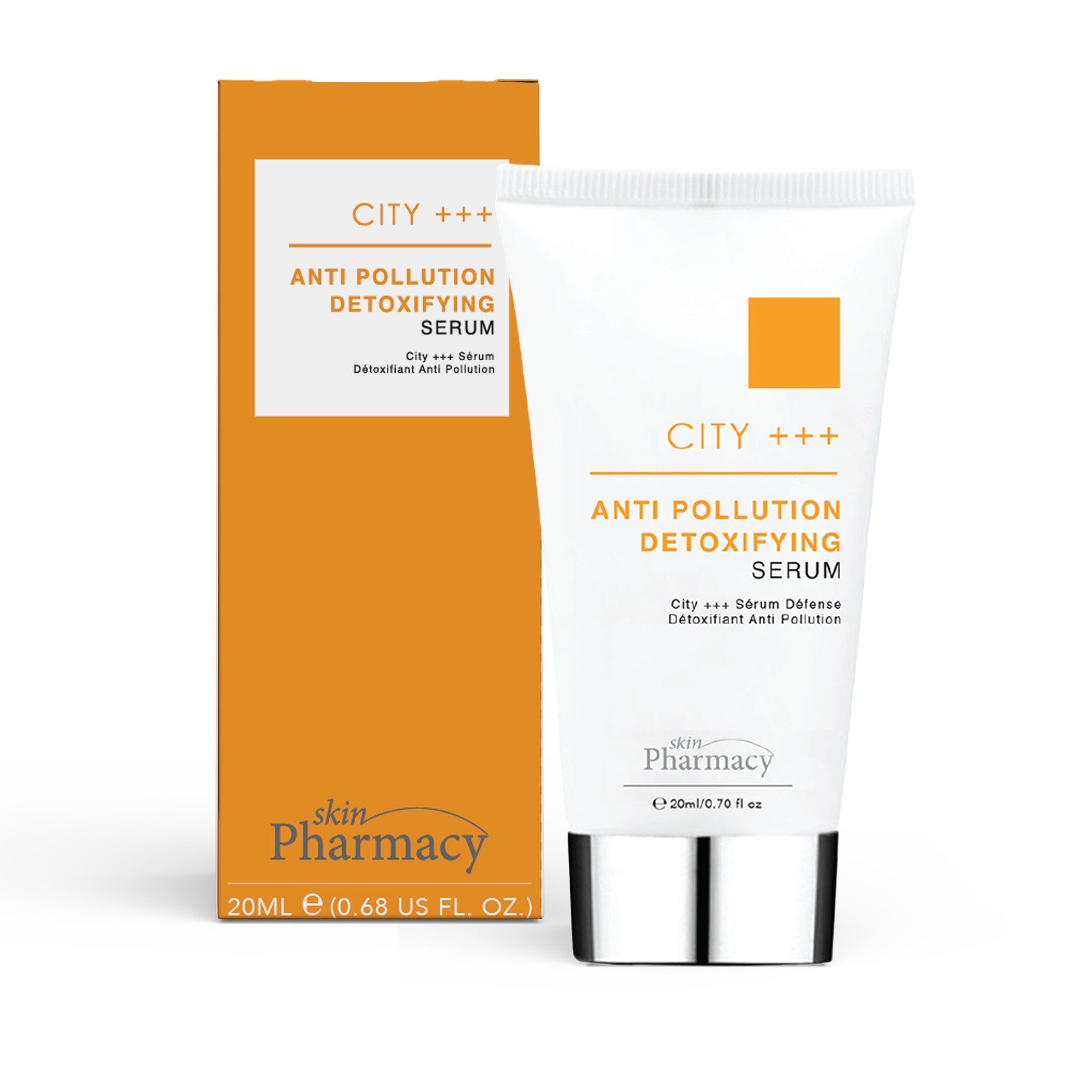 Produktverpackung mit Tube und Schachtel. Aufschrift: CITY +++, Anti Pollution Detoxifying Serum. Marke: skinPharmacy.