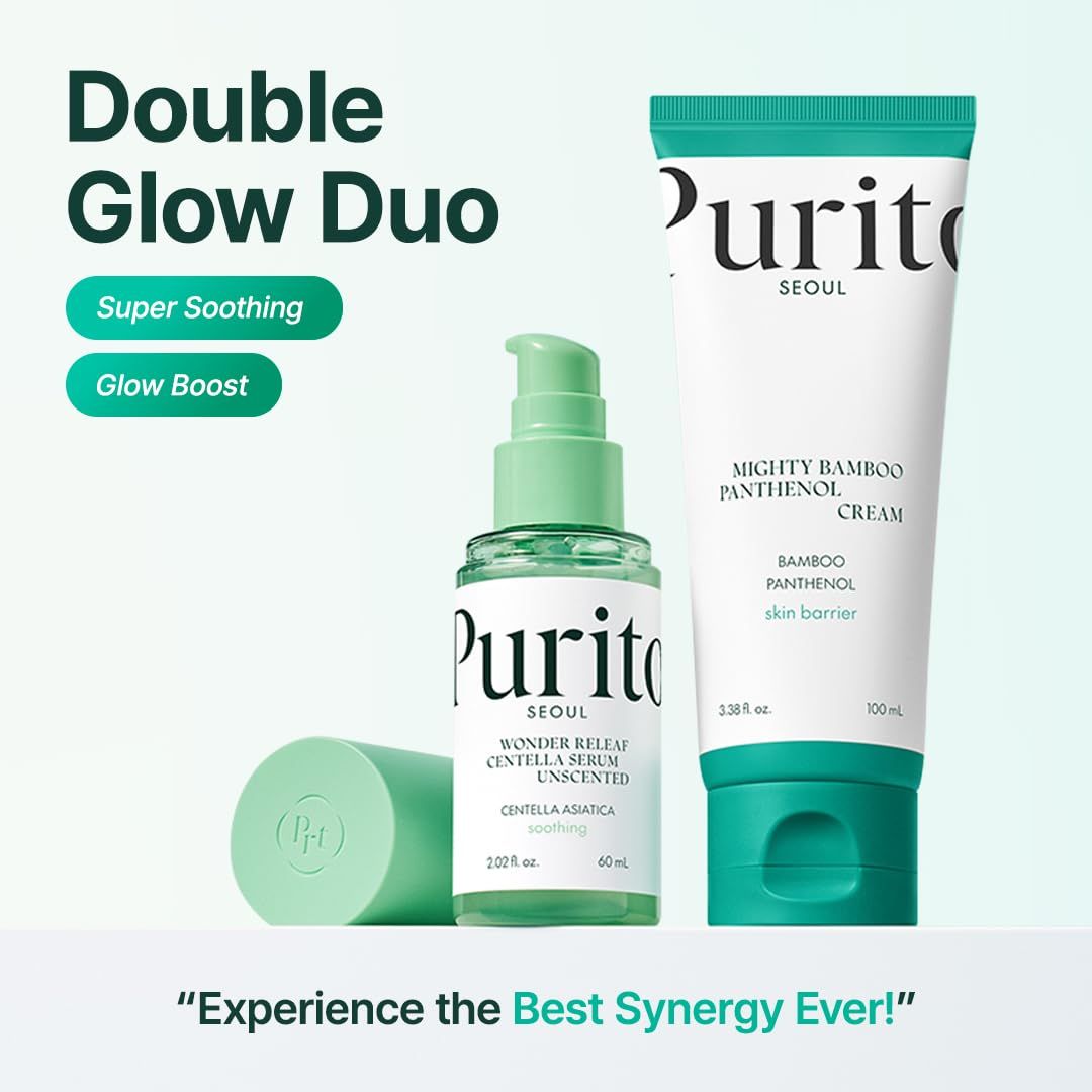 Zwei Produkte. Creme-Tube und Serum. Aufschrift: Purito Seoul. Mighty Bamboo Panthenol Cream und Wonder Relief Centella Serum.