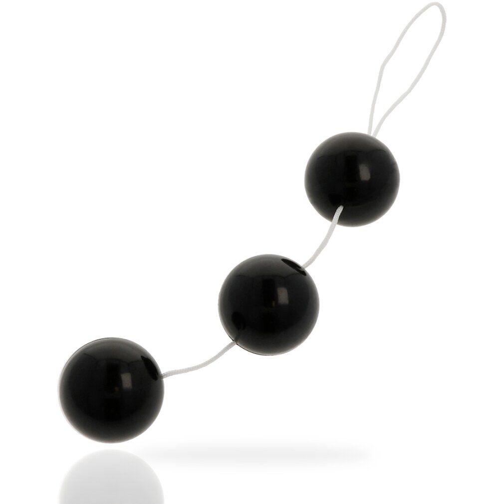 Drei schwarze Kugeln an einer Schnur. Die Kugeln sind rund und glänzend. Eine Schnur ist an der Oberseite befestigt.