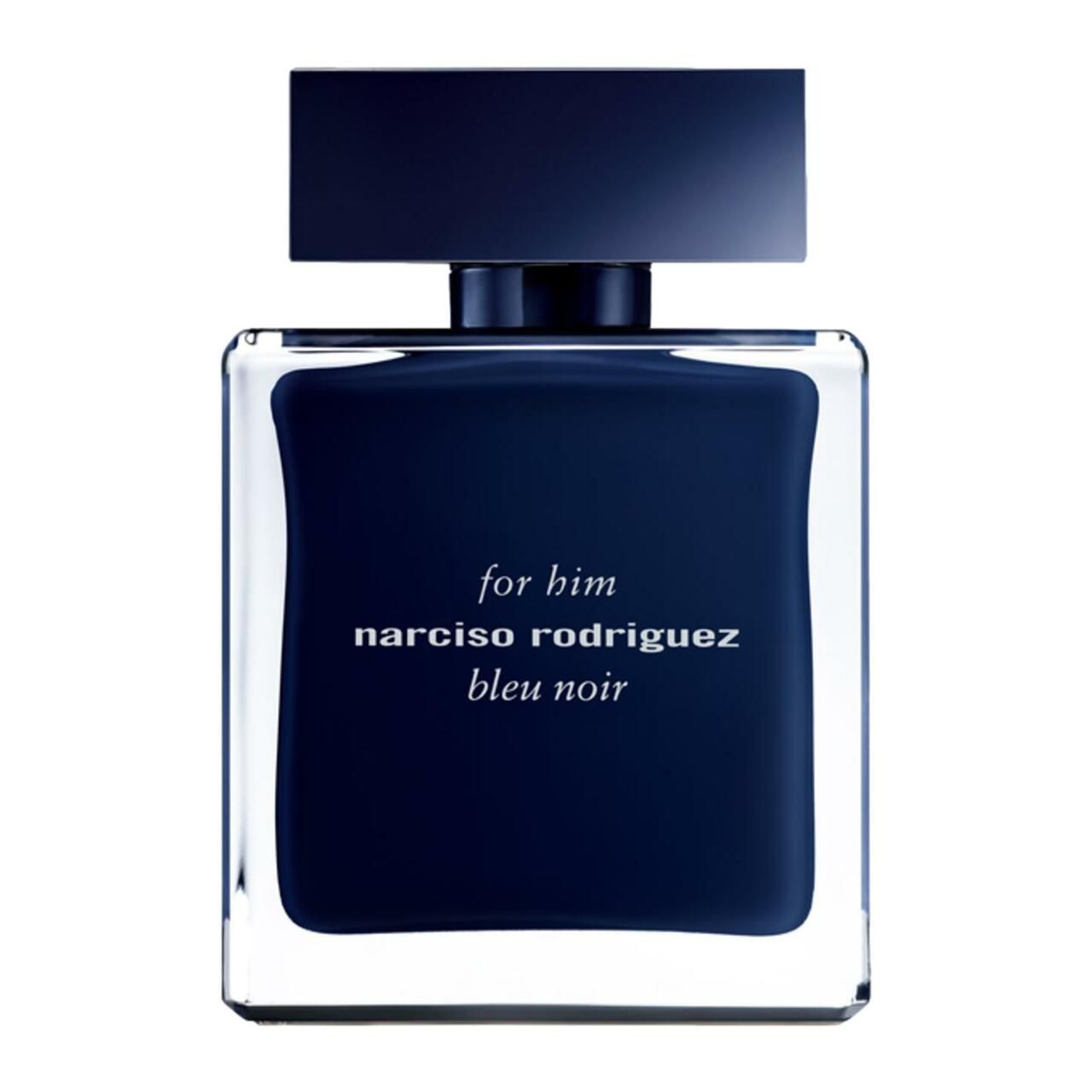 Dunkelblaue Glasflasche mit schwarzem Verschluss. Aufschrift: For Him, Narciso Rodriguez, Bleu Noir.