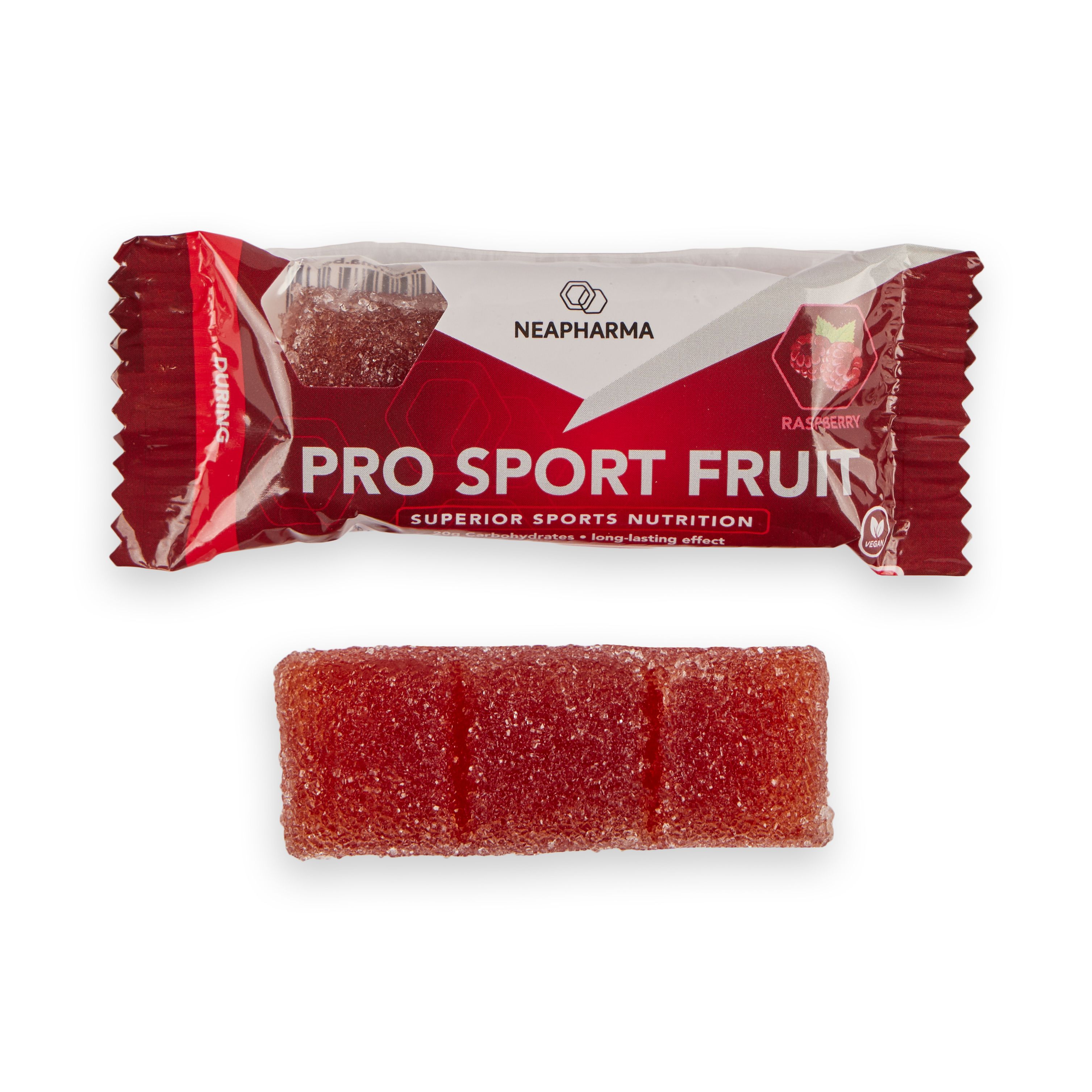 Neapharma Pro Sport Fruit Himbeere: Einzelne Fruchtgummi und geöffnete Verpackung.