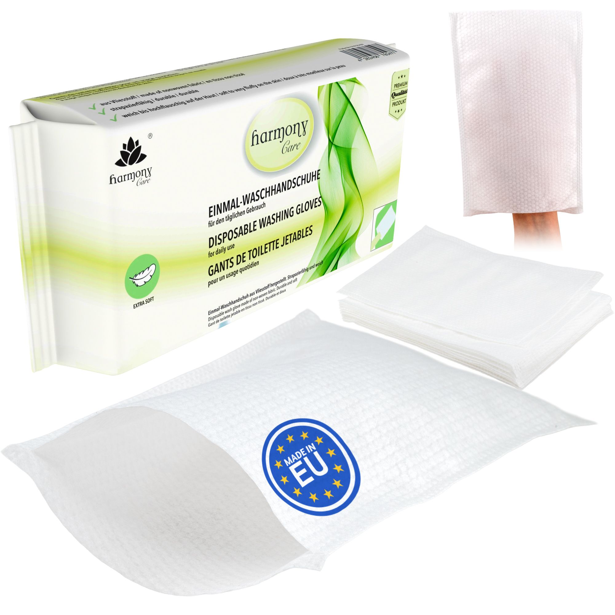 Harmony Care® - weiche Einmal Waschhandschuhe aus Spunlaced, Einmalwaschlappen für Erwachsene & Baby