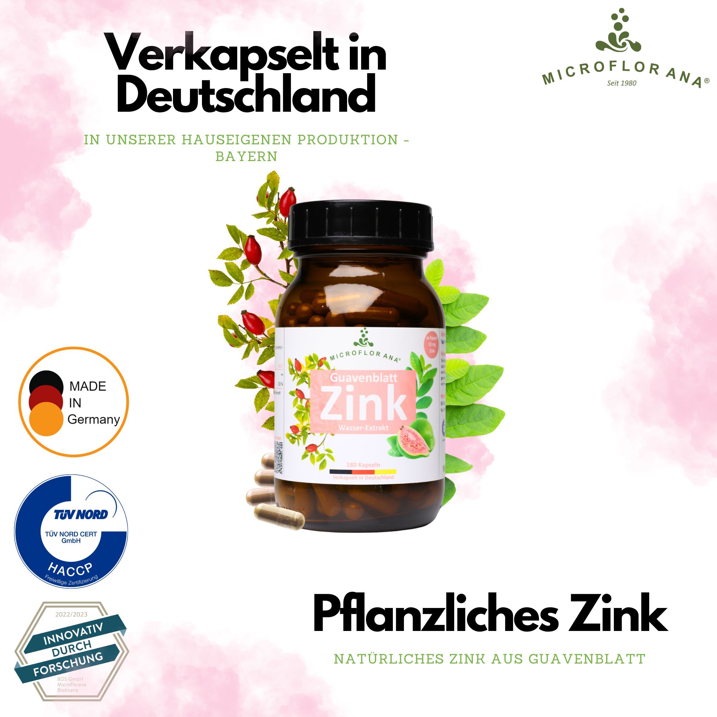 Braune Flasche mit Kapseln. Etikett mit "Zink". Made in Germany. TÜV NORD-Zertifizierung.