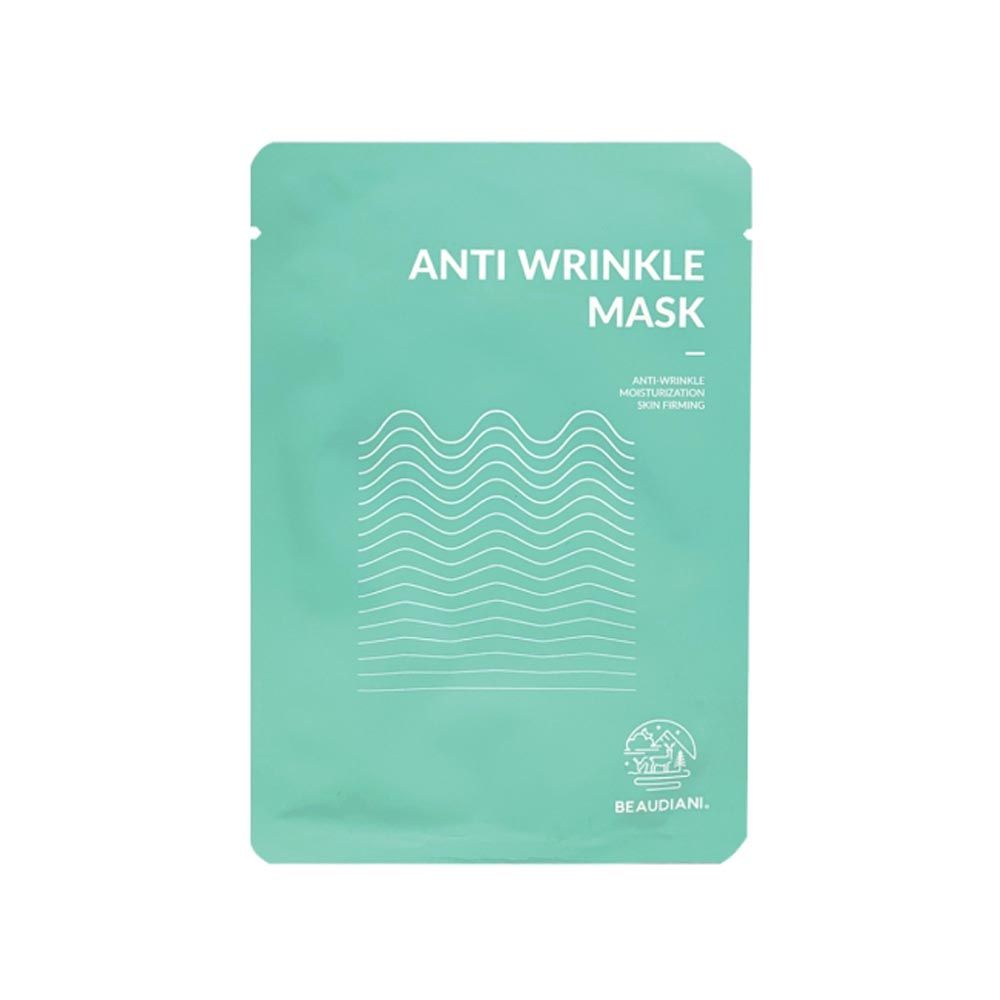 Grüne Verpackung mit "ANTI WRINKLE MASK"-Aufdruck. Wellenmuster und "Beaudiani"-Logo.