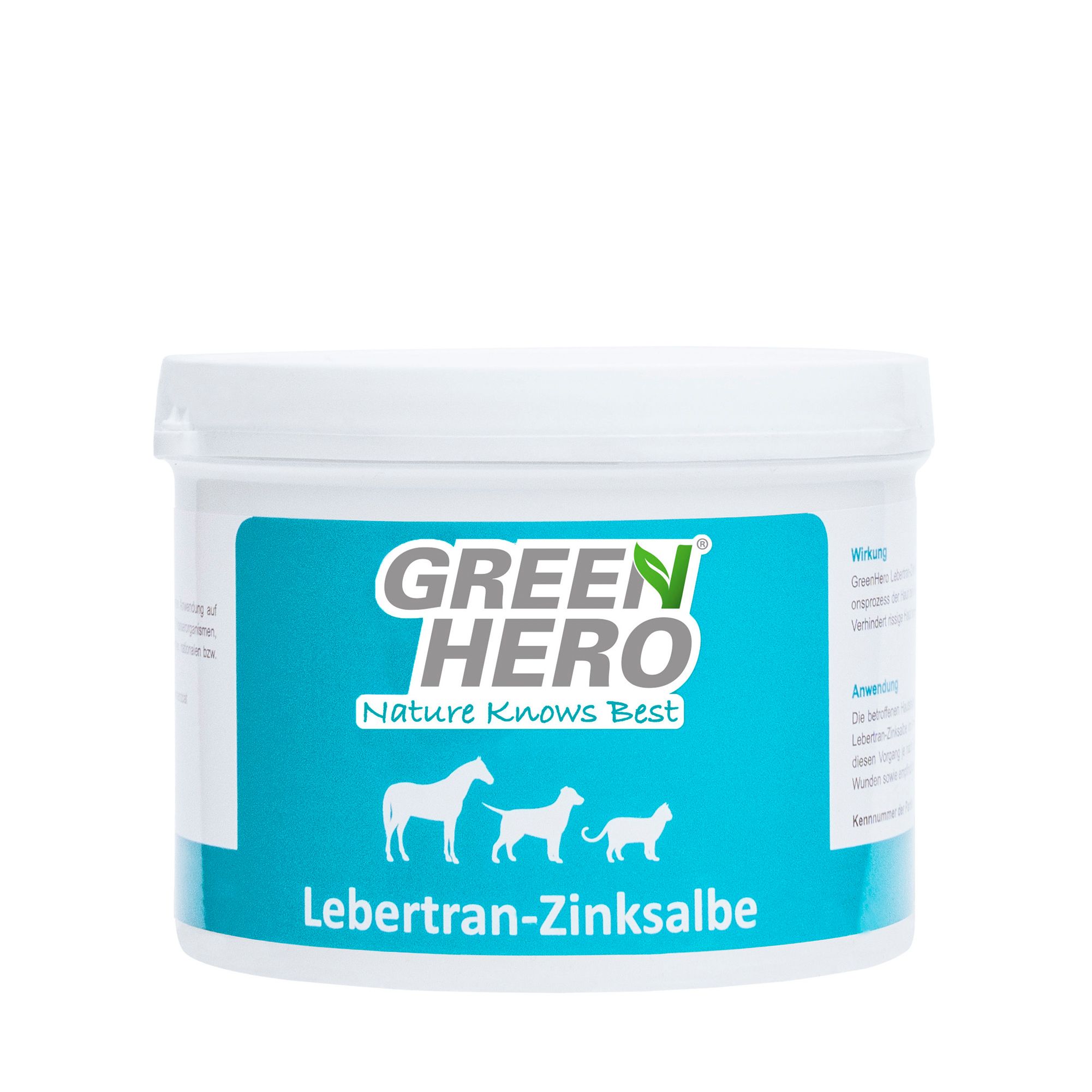 Weißer Tiegel mit blauem Etikett. Aufschrift: GREEN HERO, Nature Knows Best, Lebertran-Zinksalbe. Tier-Silhouetten.