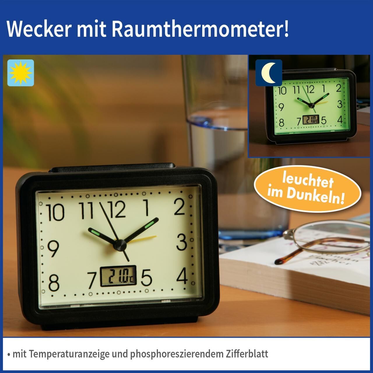 Wecker mit schwarzem Rahmen, cremefarbenem Zifferblatt. Schwarze Zeiger, digitale Anzeige. Zusätzliche Abbildung: leuchtendes Zifferblatt.