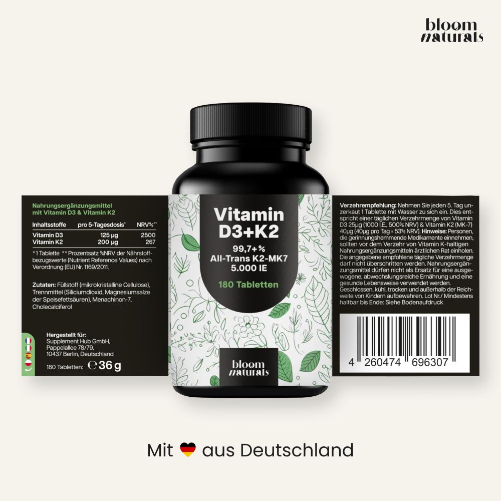Rückseite einer Flasche Vitamin D3+K2 mit Nährwertangaben und Herkunftsangabe "Mit aus Deutschland".