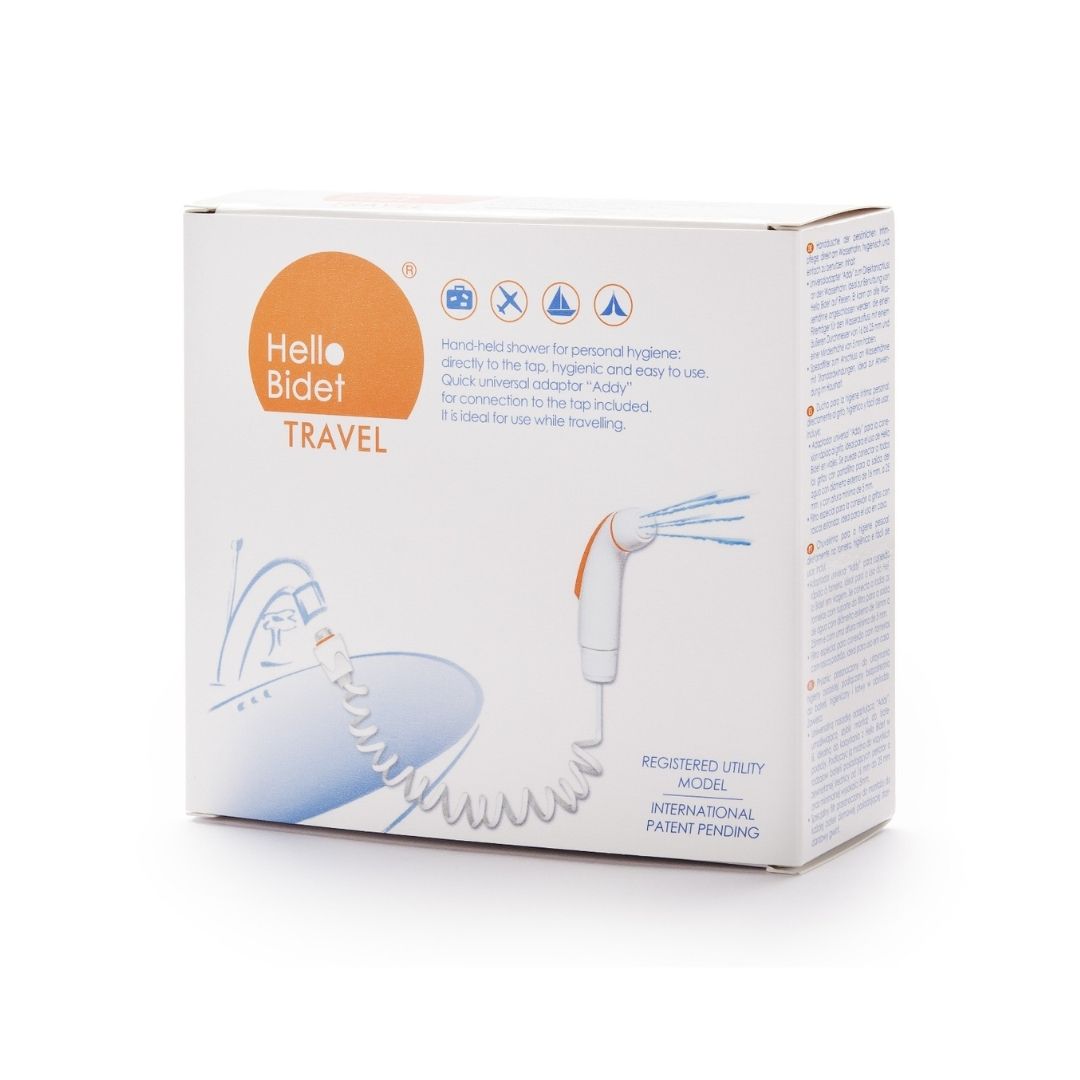 Confezione della doccetta bidet portatile. Nome prodotto 'Hello Bidet Travel'. Illustrazione della doccetta.