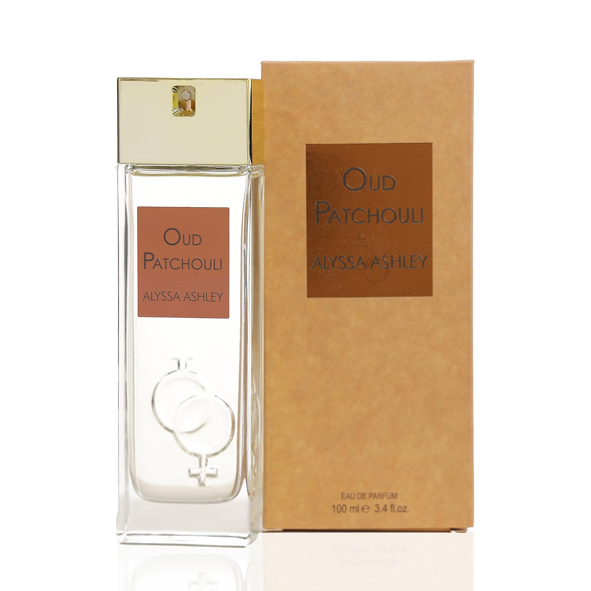 Parfümflakon und Verpackung. Aufschrift: Oud Patchouli, Alyssa Ashley. Verpackung braun. Flakon mit goldfarbenem Deckel.