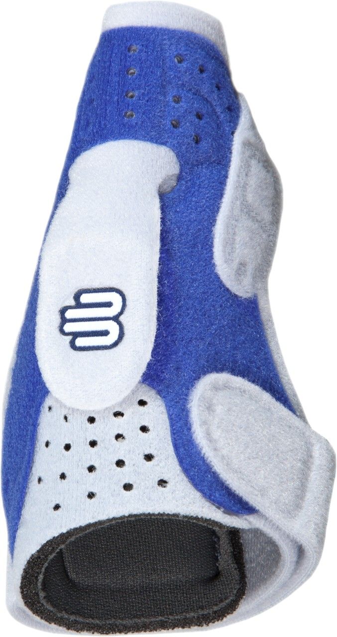 Handgelenkbandage, blau-weiß, mit Logo. Detailansicht.