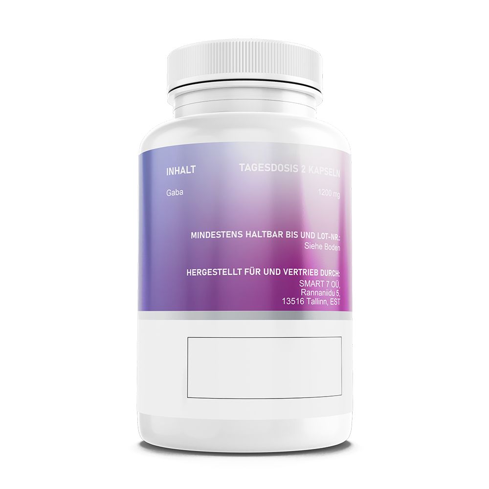 Weiße Flasche mit blau-lila Etikett. Text: Inhalt, Tagesdosis 2 Kapseln. Gaba 1200mg. Mindestens haltbar bis. Hersteller: Smart 7 OÜ.