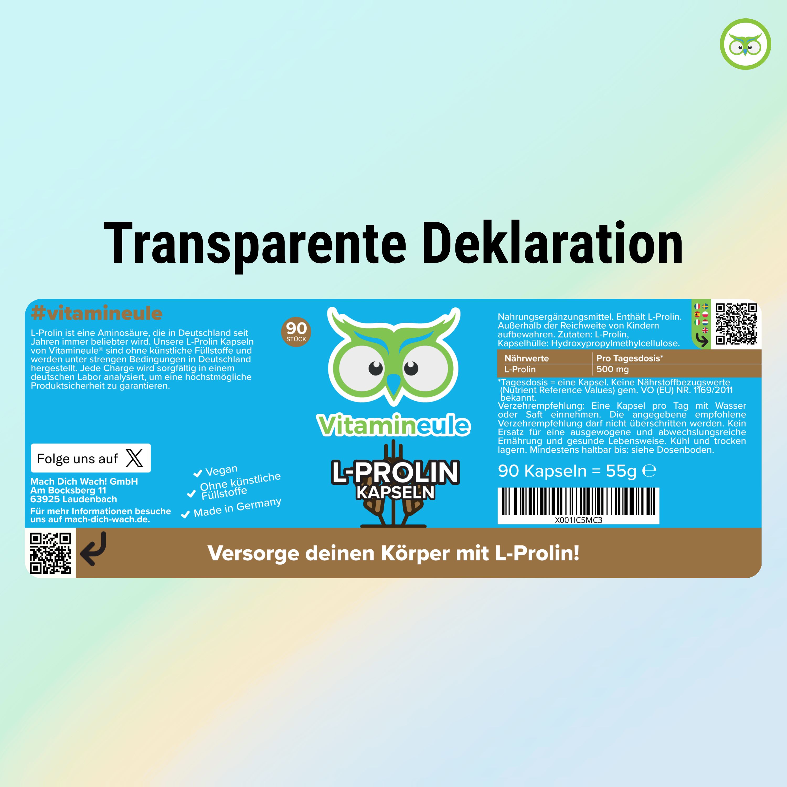 Produktetikett: Vitamineule, L-Prolin Kapseln, 90 Stück. Enthält Informationen zu Inhaltsstoffen und Nährwerten. QR-Code und weitere Informationen.