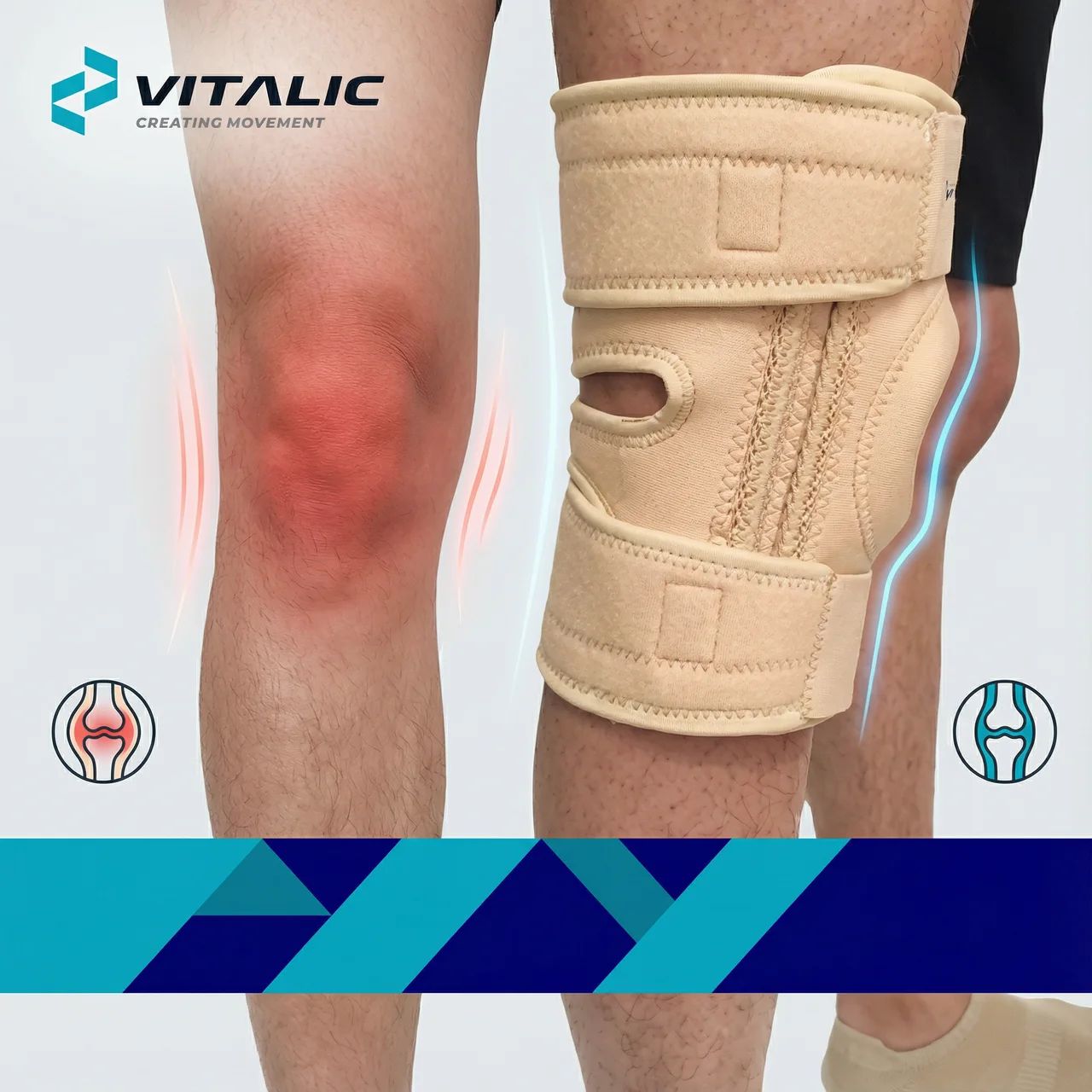 Beige Kniebandage am Bein. Rote Schmerz- und Knochen-Symbole. VITALIC Logo.