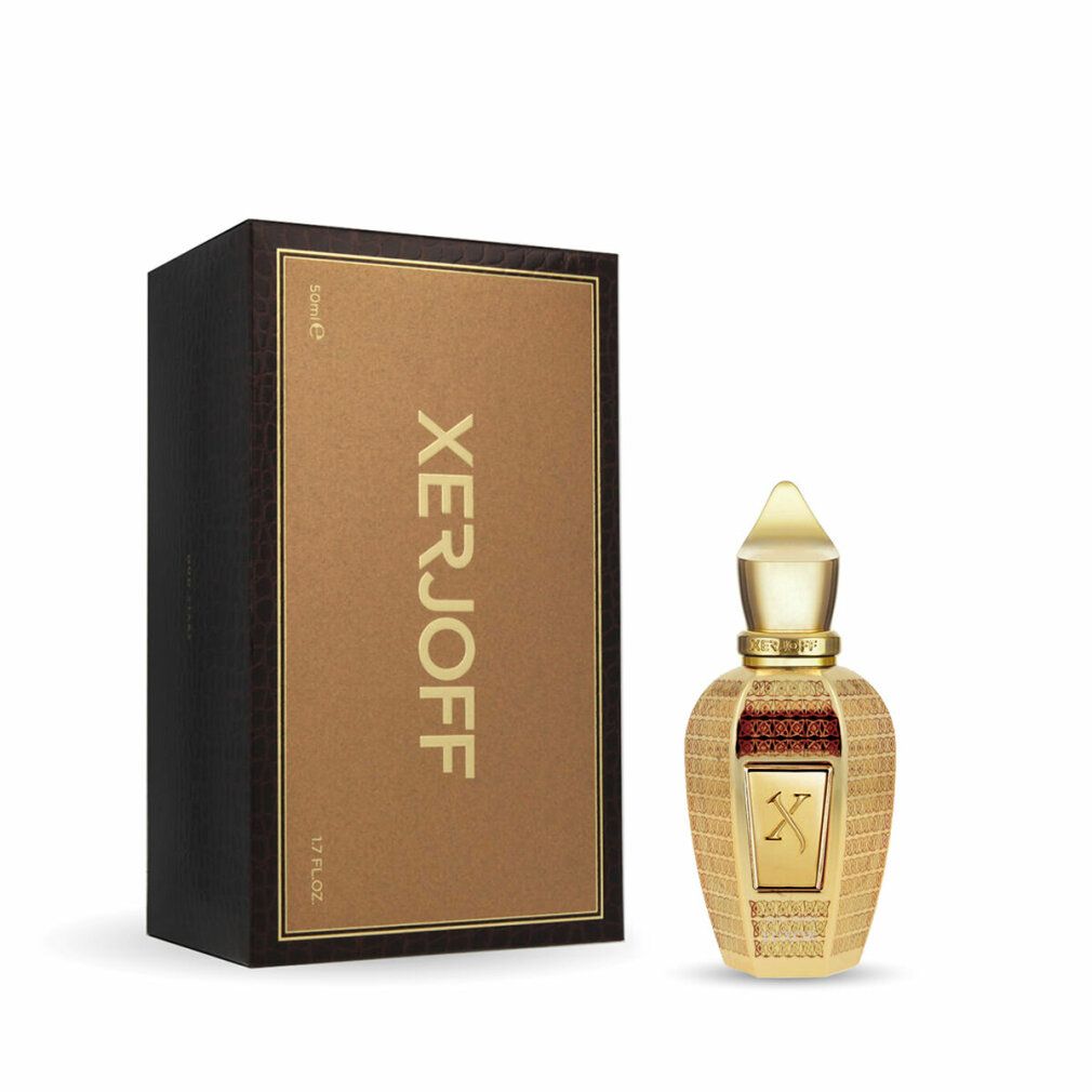 Goldfarbener Flakon und Verpackung. Flakon mit goldener Kappe und X-Logo. Verpackung mit Xerjoff-Schriftzug.