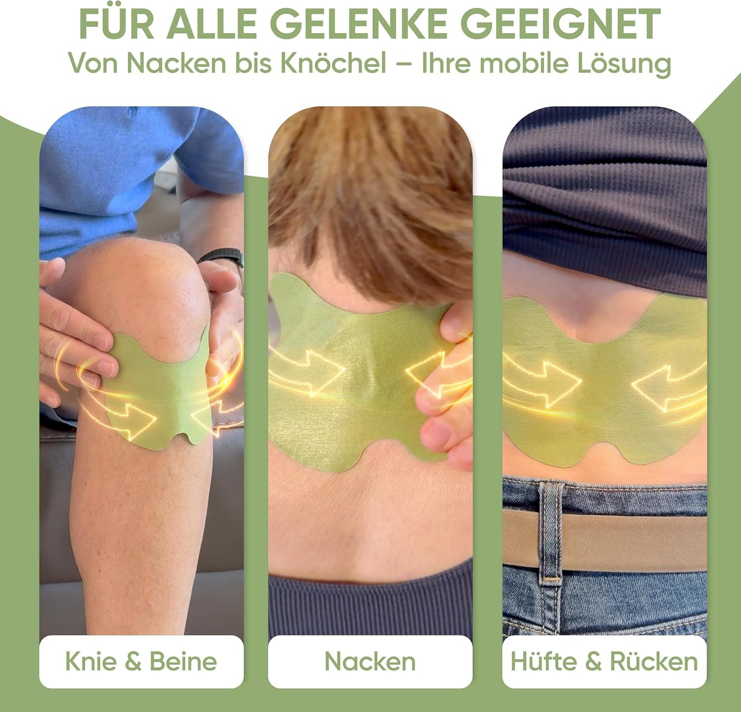 Anwendungsbeispiele: Knie, Nacken, Hüfte. Pflaster grün, herzförmig. Illustrationen zeigen Anwendung an verschiedenen Körperstellen.