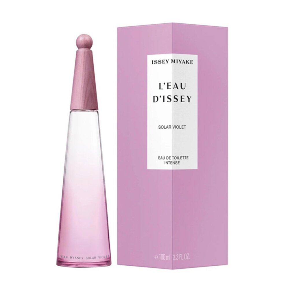 Rosa Flakon und lila Karton. Aufschrift: Issey Miyake, L'Eau d'Issey, Solar Violet, Eau de Toilette Intense.
