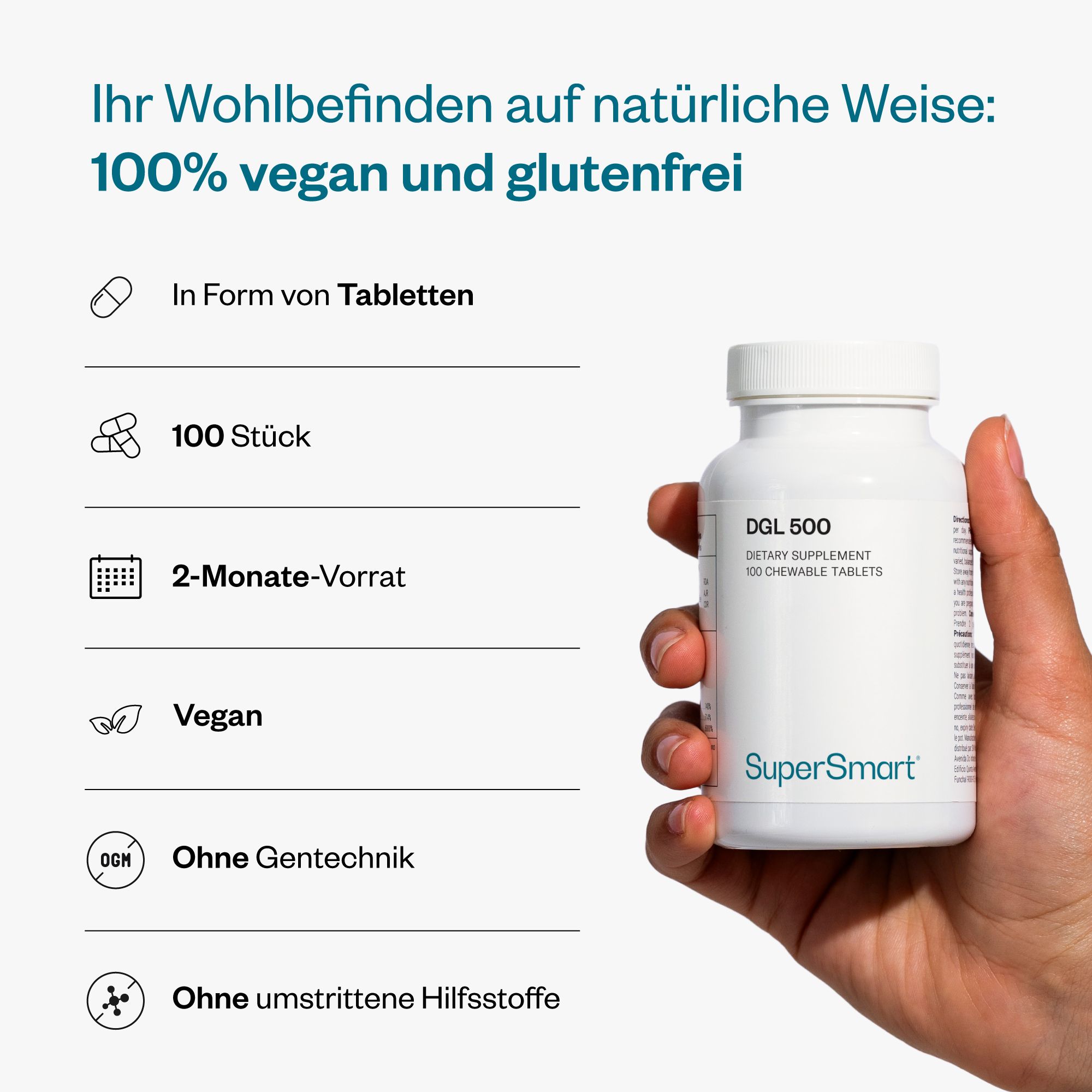 DGL 500 in Tablettenform. 100 Stück. 2-Monats-Vorrat. Vegan, ohne Gentechnik, ohne Hilfsstoffe. SuperSmart-Marke.