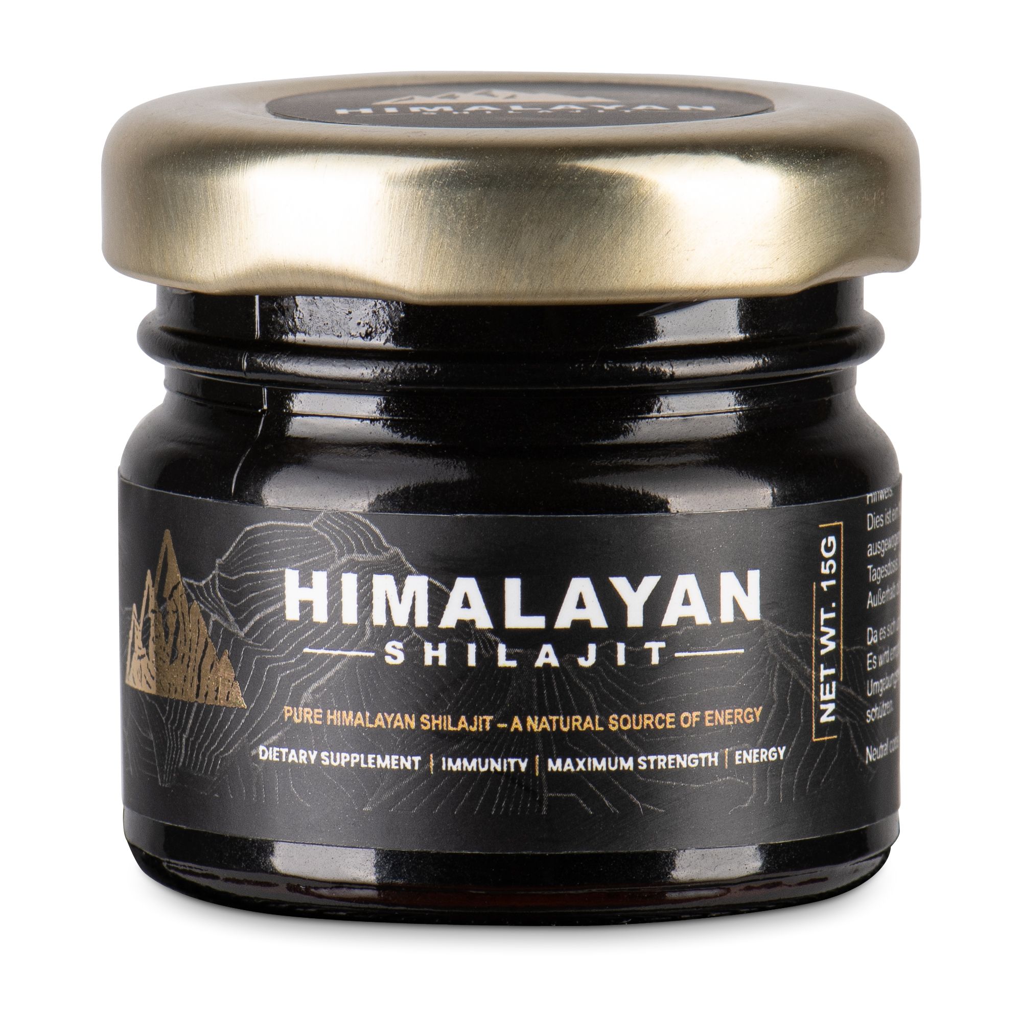 Glasbehälter mit schwarzem Shilajit. Goldfarbener Deckel. Aufschrift: Himalayan Shilajit.