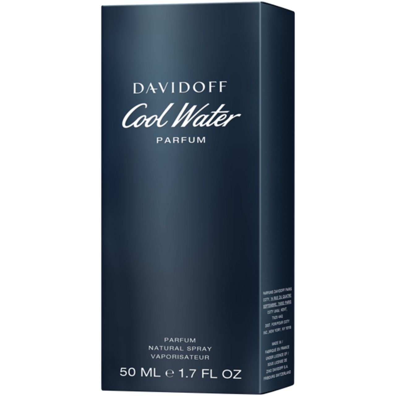 Davidoff Cool Water Parfum Natural Spray, blaue Verpackung. Text: Davidoff, Cool Water, Parfum, Natural Spray, 50 ml e 1.7 FL OZ.