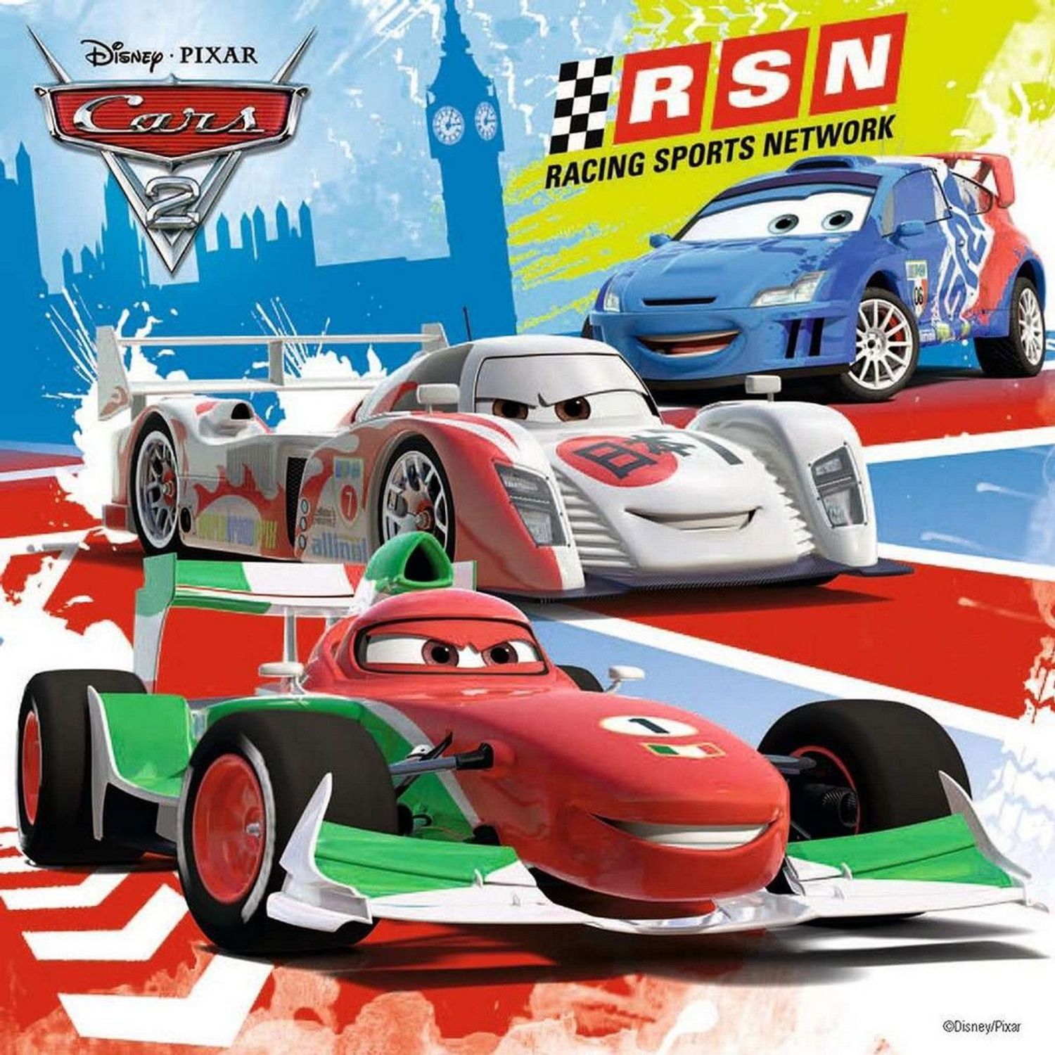 Cars-Puzzle mit Rennwagen auf Rennstrecke. Hintergrund mit Big Ben und RSN-Logo. Disney Pixar Logo.