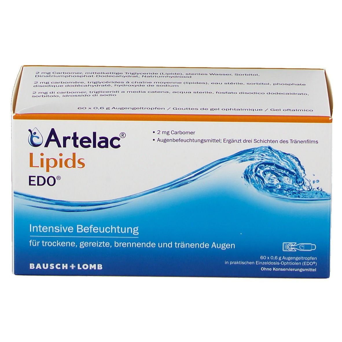Artelac Lipids EDO® Augengel-Verpackung. Weißer Karton mit blauer Welle und Produktnamen. Orangefarbener Akzent.