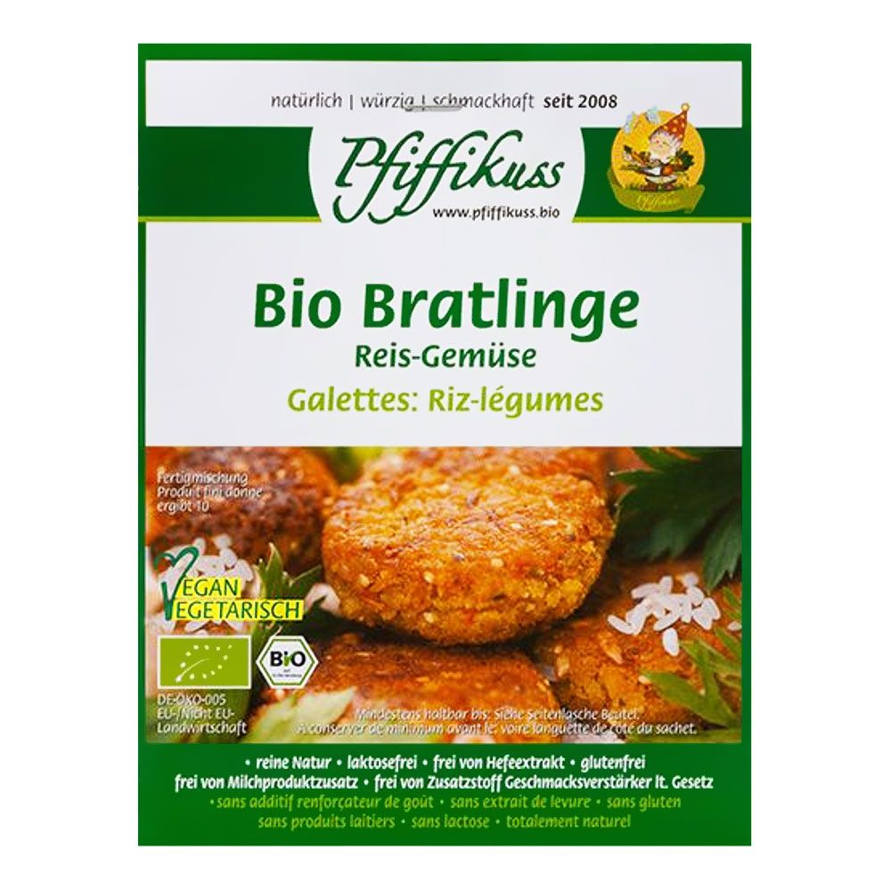 Verpackung von Bio Bratlingen. Text: Bio Bratlinge Reis-Gemüse, Galettes: Riz-légumes. Vegan, Bio-Siegel. Zutaten: ohne Milchprodukte, Gluten, Hefeextrakt.