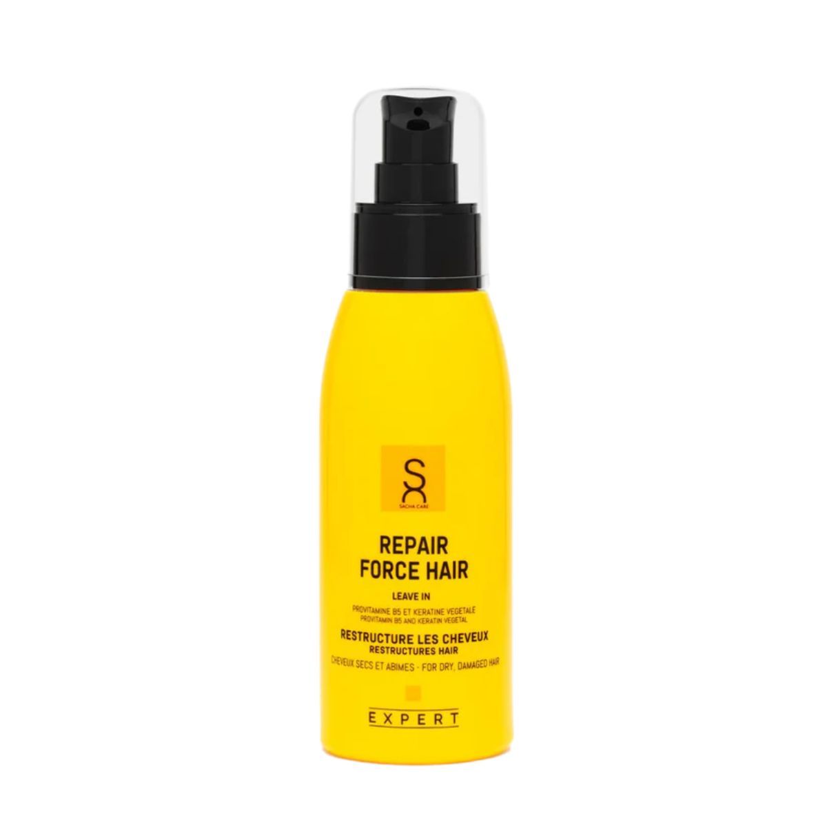 Gelbe Flasche mit schwarzem Pumpverschluss. Aufschrift: Repair Force Hair, Leave In, Restructure les cheveux. Expert-Logo.