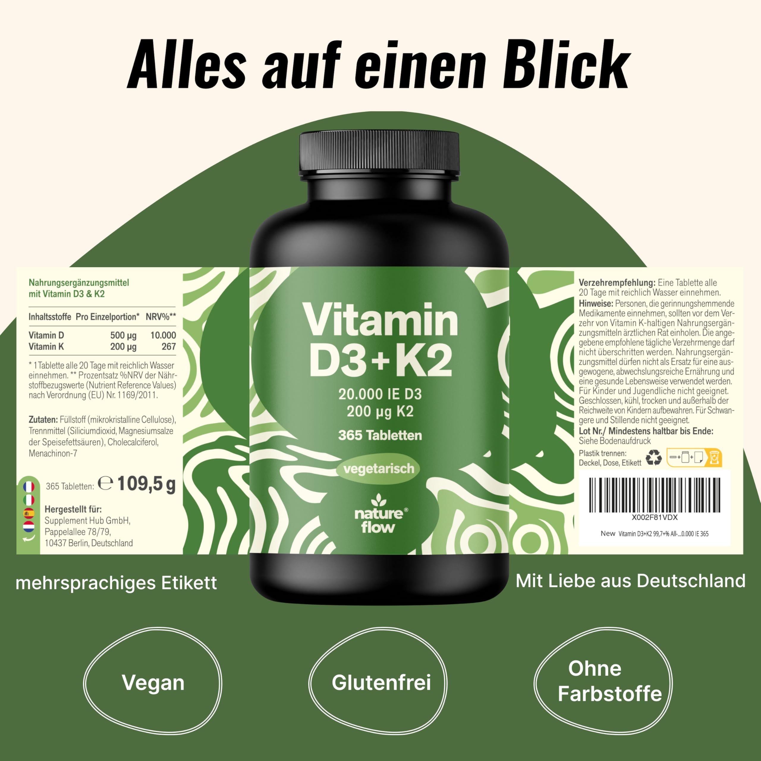 Flasche mit Etikett. Text: Vegan, glutenfrei, ohne Farbstoffe. Etikett: Nährwertangaben, Inhaltsstoffe, Hersteller. Flasche: Vitamin D3+K2, 365 Tabletten.
